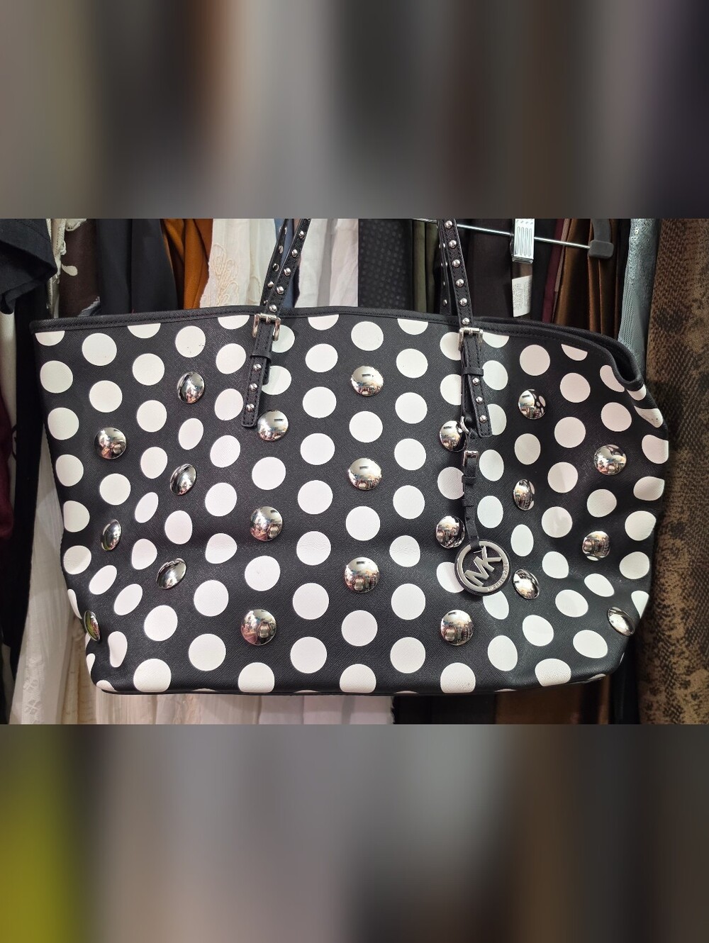 Michael Kors Polka Dot Studded Tote Large Bag - Black & White With Silver Studds